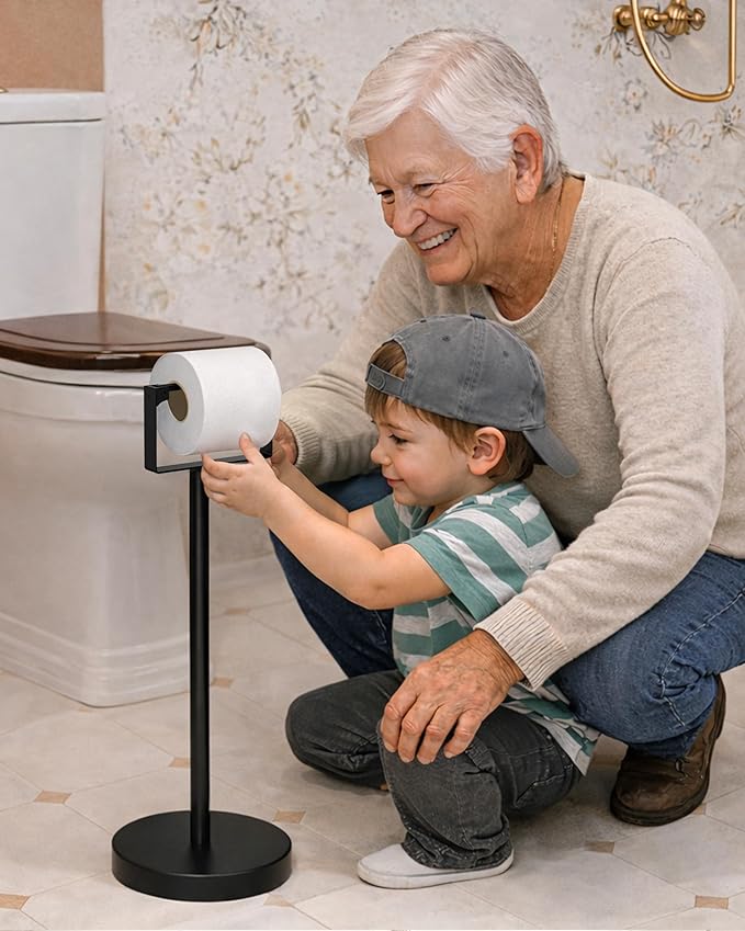 RUACQ Toilet Paper Holder Stand, Magnetic Closure Toilet Paper Stand with Lift-Up Rotating Arm, SUS304 Stainless Steel Bathroom Toilet Paper Holder Free Standing, Weighted Base (Matte Black)
