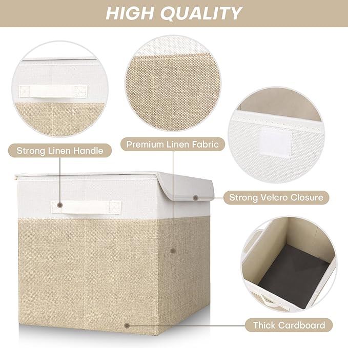 Bagnizer Large 42 Quarts Fabric Storage Bins with Lids [2-Pack] Linen Collapsible Foldable Baskets, Closet Organizer Containers boxes with Handles for Home Office (16.7 x 12 x 12, Beige & White)