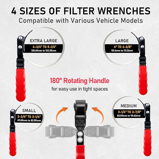 KOOPOOL Oil Filter Wrench Set, 8 Piece Adjustable Oil Filter Pliers 2-3/4" to 5-1/4", 9" & 12" Universal Oil Filter Removal Tool with 1/2" to 3/8" Adapter, Organized in Storage Case (8-Piece Set)