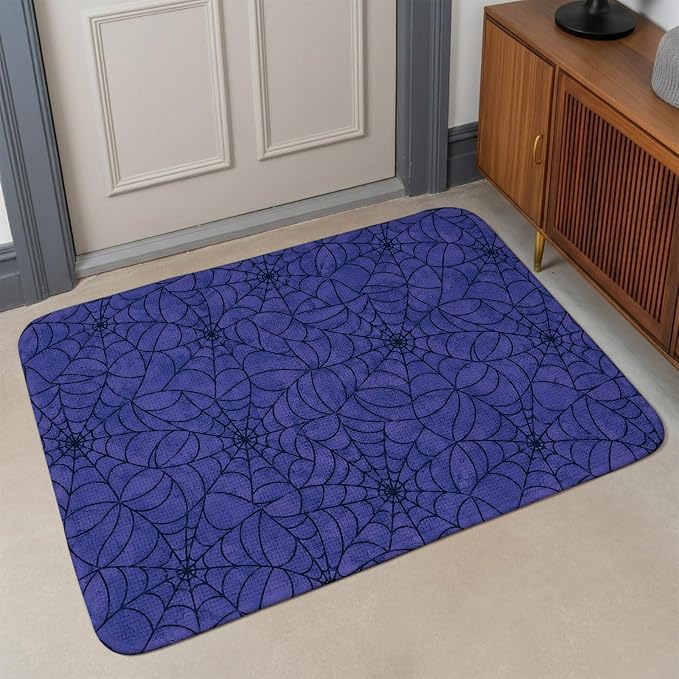 Entryway Rug Indoor Outdoor 31.5"x47.2", Navy Blue Halloween Absorbent Non Slip Floor Mat, Black Spiders Net Classic Gingham Low-Profile Welcome Mats for Front Door Patio Mudroom Garage Entrance