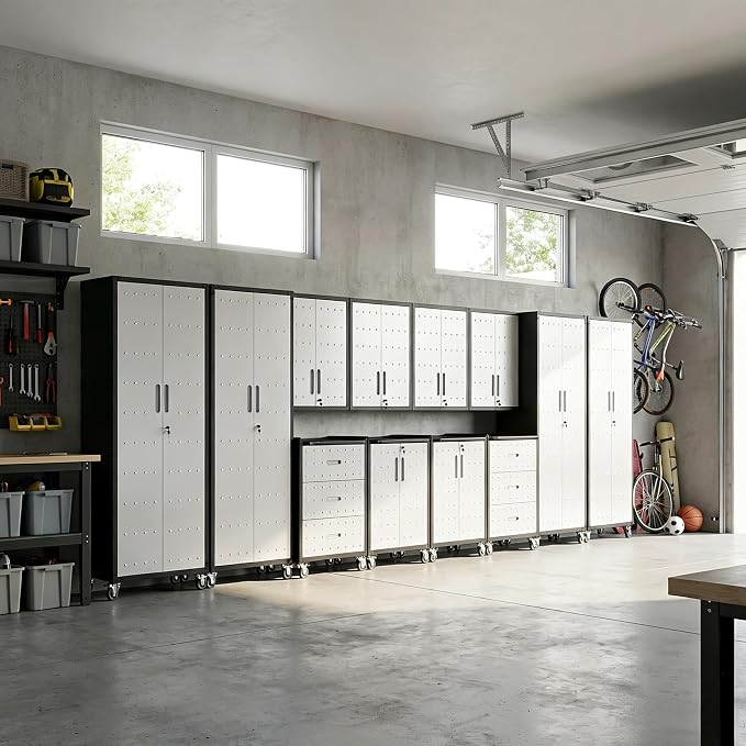 12-Piece Heavy Duty Steel Garage Cabinet System | All-in-One Modular Garage Cabinet Set for Ultimate Workshop Organization | Easy Assembly Garage Storage Cabinets & Tool Bench
