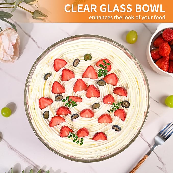 Large Trifle Bowl Glass, 200oz Morden Design Clear Glass Salad Bowl with Lid, 9.8" Serving Bowl for Laying Ice Cream Cakes, Cupcake, Salad, Fruit, Microwave & Dishwasher Safe