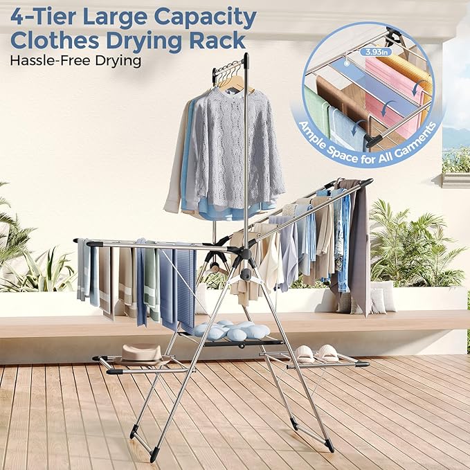 APEXCHASER Large Capacity Foldable Clothes Drying Rack, Heavy Duty Stainless Steel Laundry Drying Rack with Top Hanger, Multi-Layer Indoor Outdoor Air Dryer for Home Balcony Laundry Room
