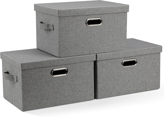 Graciadeco Medium 15" 21 Quart Collapsible Stackable Storage Bins with Lids, 3 Packs Grey Foldable Fabric Closet Boxes Heavy-duty Linen Cube Baskets Container for Bedroom Office (15 x 11 x 8)
