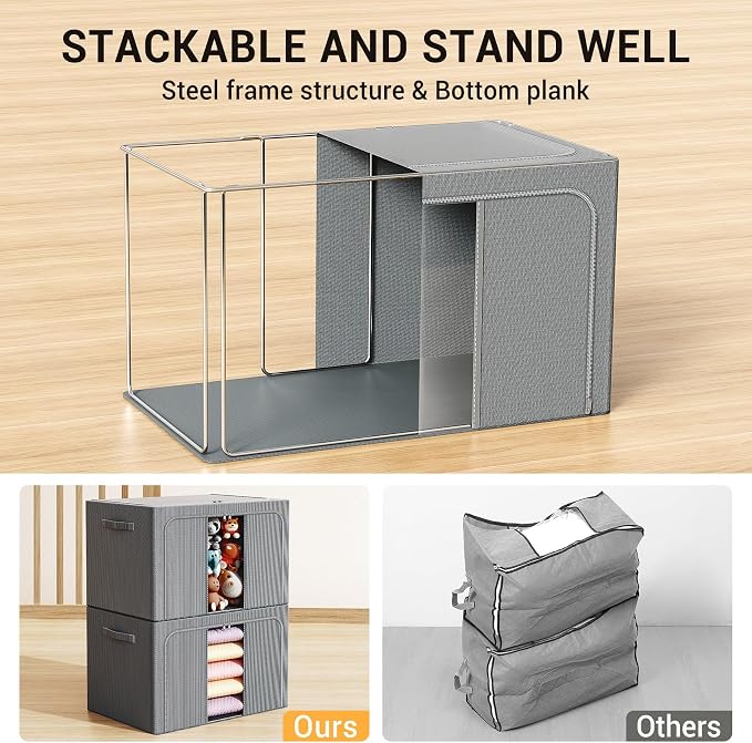 Clothes Storage Bins with Metal Frame, Foldable Clothes Organizers Storage Containers for Clothes, Sheets, Blankets, Pillows and Towels (24L, 3 Pack, Deep Grey)