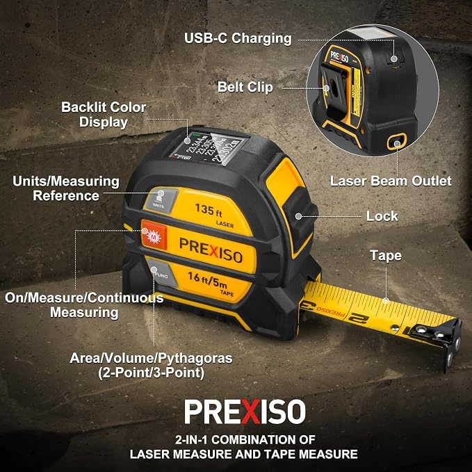 PREXISO 2-in-1 Laser Tape Measure, 135Ft Rechargeable Measurement Tool & 16Ft Measuring Movable Magnetic Hook - Pythagorean, Area, Volume, Ft/Ft+in/in/M Unit NOT Digital