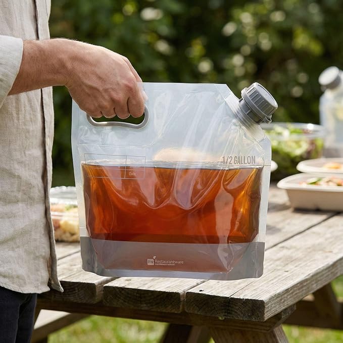 Restaurantware Cater Tek 1/2 Gallon Water Containers 10 Drink Bags - Collapsible Includes Tamper-Evident Caps Clear Plastic Beverage Bags For Catered Events Camping or Hiking Durable Handle
