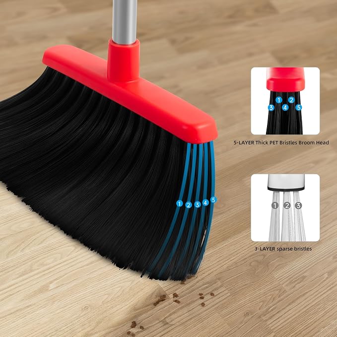BSKLIN Broom and Dustpan Set for Home, 52" Long Handle Standing Broom Set with Dustpan Self-Cleaning Teeth for Hair Removal Heavy Duty Indoor Outdoor Sweeping Kit for Kitchen Garage (Black)