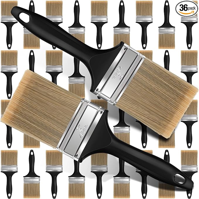 Layhit 36 Pcs Paint Brushes House Chip Paintbrush with Treated Plastic Handles Wide Flat Wall Trim Painting Tool for Paint Stains Wood Cabinet Deck Fence Door Furniture Home DIY (3'')