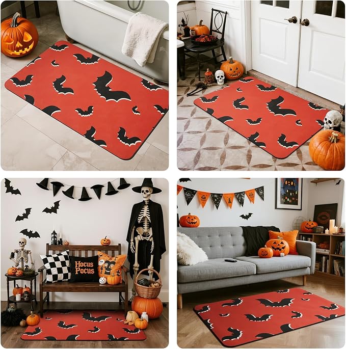 TYUU Halloween Bath Mat, Thin Halloween Bathroom Rug Non Slip Quick Dry Bat Bath Mat Fits Under Door Thin Floor Mat Halloween Decor, 17''x30'', Gothic Bats Orange