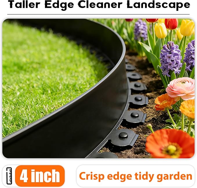 Landscape Edging 4 Inch Tall No Dig Garden Edging Border 60FT with 60 Metal Stakes,Lawn Edging for Yard, Flower Bed and Landscaping (Black, 60FT x 4 Inch)