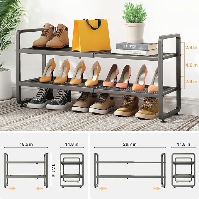 SNTD Shoe Rack - Expandable Shoe Organizer for Closet, Adjustable Metal Shoe Shelf Storage, Stackable Long Shoe Stand Holder for Garage, Entryway, Door Entrance (Grey, 2-Tier)