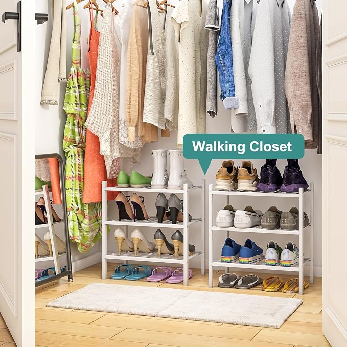 viewcare Small Shoe Rack for Entryway, White Shoe Organizer for Closet, Bamboo Wood Standing Shoe Shelf for Indoor Outdoor (White, 3-Tier_Samll)