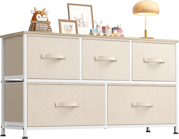 WLIVE Wide Dresser for Bedroom, 5 Drawer Chest of Drawers, Cream White | 5 roomy fabric drawers, Wide storage design, Bedroom or closet use, Sturdy steel frame, Smooth wood tabletop