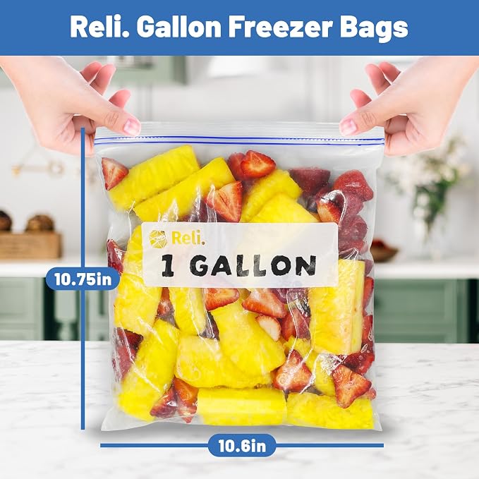 Reli. Gallon Freezer Bags (300 Count) 10.6x10.75 inch Freezer Bags 1 Gallon | Double Zipper Large Size | Press to Seal, Write on Label (1Gal)