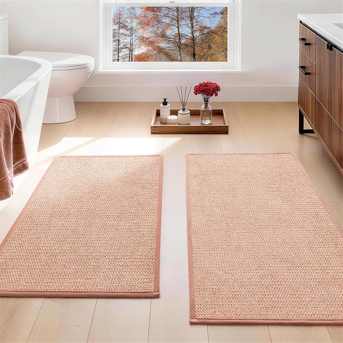 YIHOUSE Pink Bathroom Rugs Sets 2 Piece, Quick Dry Thin Bath Mat, Non Slip Absorbent Machine Washable, Bath Rugs for Bathtub Sink Home Decor (17"x24" + 17"x32")