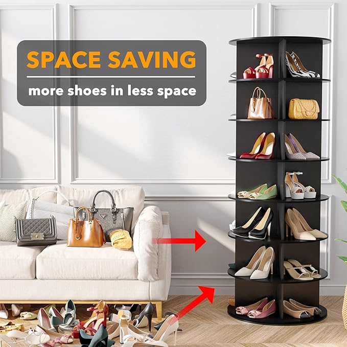 SpaceAid 7 Tier Rotating Shoe Rack Tower, Spinning Shoe Display Lazy Susan, Revolving 360 Shoe Rack Storage Round Carousel, Vertical Handbag Rotate Shoes Closet Organization (7-Tier Black)