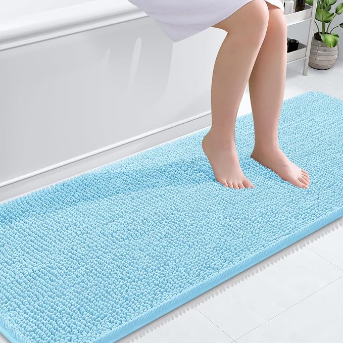 OLANLY Bathroom Runner Rugs 70x24, Soft Absorbent Chenille Bath Rugs, Rubber Backing Quick Dry, Machine Washable Long Bath Mats for Bathroom Floor, Tub and Shower, Home Decor Accessories, Sky Blue