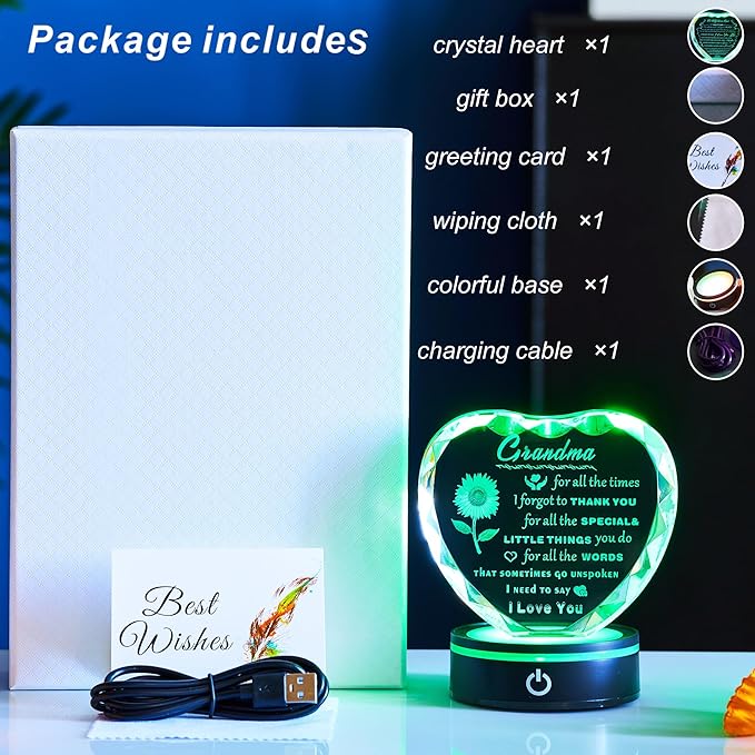 Gifts for Grandma with Colorful LED Base, Meaningful Heart Crystal Grandma Birthday Gifts, Great Gift Ideas for Grandmother on Mothers Day Thanksgiving from Granddaughter or Grandson