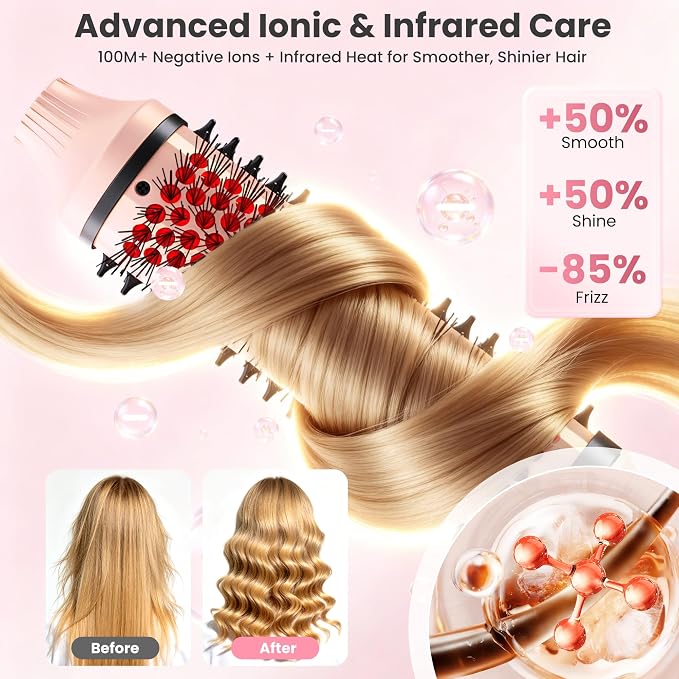 Thermal Brush, Infrared Heated Round Brush with 100M Negative Ions, Hot Brush for Volume, Curling & Straightening, 5 Heat Settings, Dual Voltage Hair Styler, Anti-Frizz Shine, All Hair Types-Pink