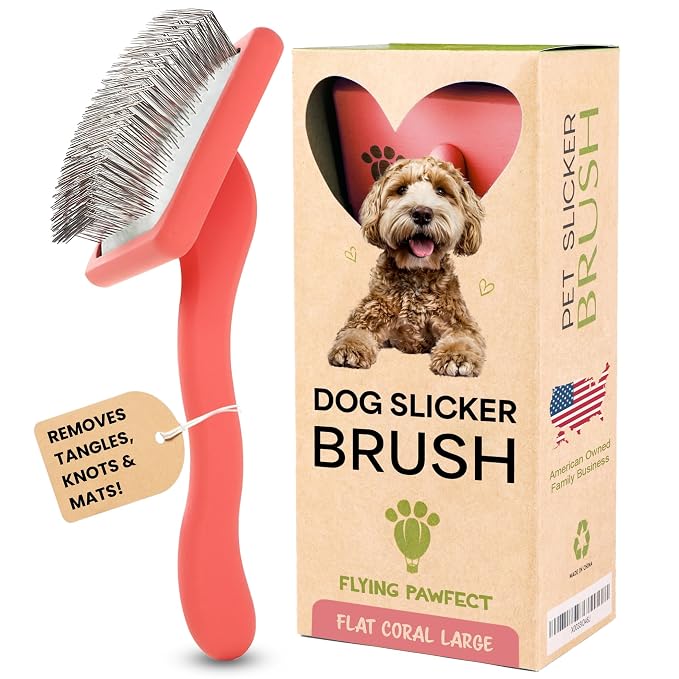 Slicker Brush for Dogs - Long Pin for Poodles, Doodles & Long Haired Dogs, Deshedding & Dematting Tool, Slicker Dog Brushes for Grooming (Coral, Flat Large)