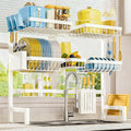 Sakugi Dish Drying Rack Over The Sink, Dish Drainer for Kitchen Counter | Stainless Steel Storage Organizer with Utensil Knife Holder & Hooks, Adjustable 11.8"Dx31.5"~39"Wx30"H, White