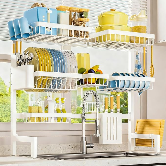 Sakugi Dish Drying Rack Over The Sink, Dish Drainer for Kitchen Counter | Stainless Steel Storage Organizer with Utensil Knife Holder & Hooks, Adjustable 11.8"Dx31.5"~39"Wx30"H, White