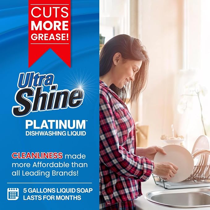 Ultra Shine 3X Platinum Concentrated Dishwashing Liquid Dish Soap, 5 Gallon Bucket - Bulk Refill Commercial Kitchen Degreaser with Grease Cleaning Power, Gentle on Hands and Skin