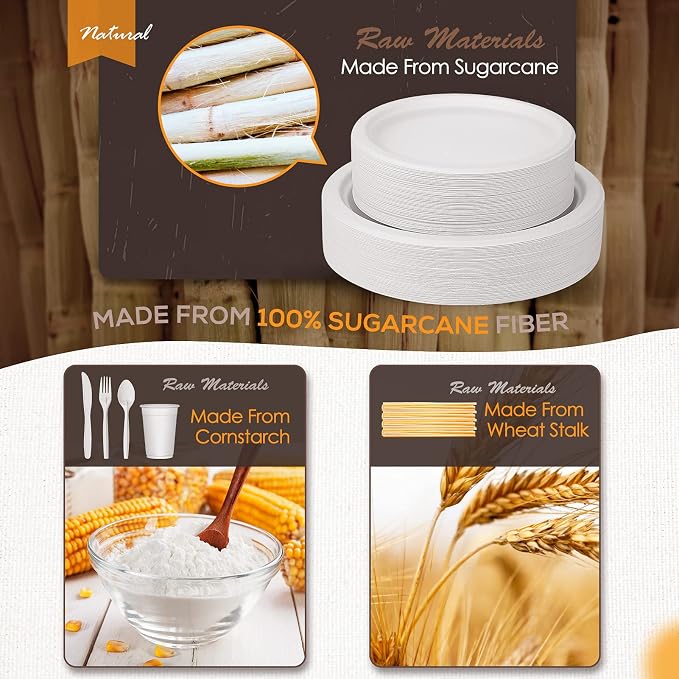 Gezond Compostable Paper Plates 350pcs Disposable Plates for Wedding Party Eco-friendly Sugarcane Plates Biodegradable Cutlery Forks Knives Spoons Cups and Straws for 50 People White