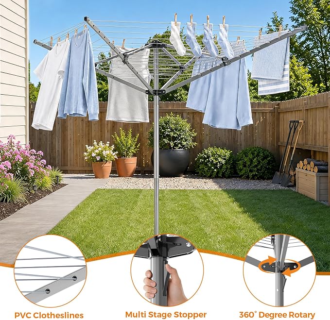 131FT Outdoor Umbrella Clothes Drying Rack | 131FT Metal Drying Rack Clothing, 4-Arm 360°Rotary, Collapsible Clothesline for Lawn Garden Backyard, 67.52" Height