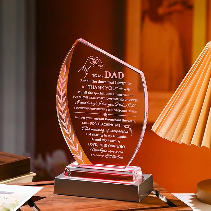 QIANWEI Fathers Day Dad Gifts from Daughter Son Unique Glass Plaque with Colorful Led Base, To My Dad Meaningful Birthday Present for Christmas Thanksgiving Valentines Day
