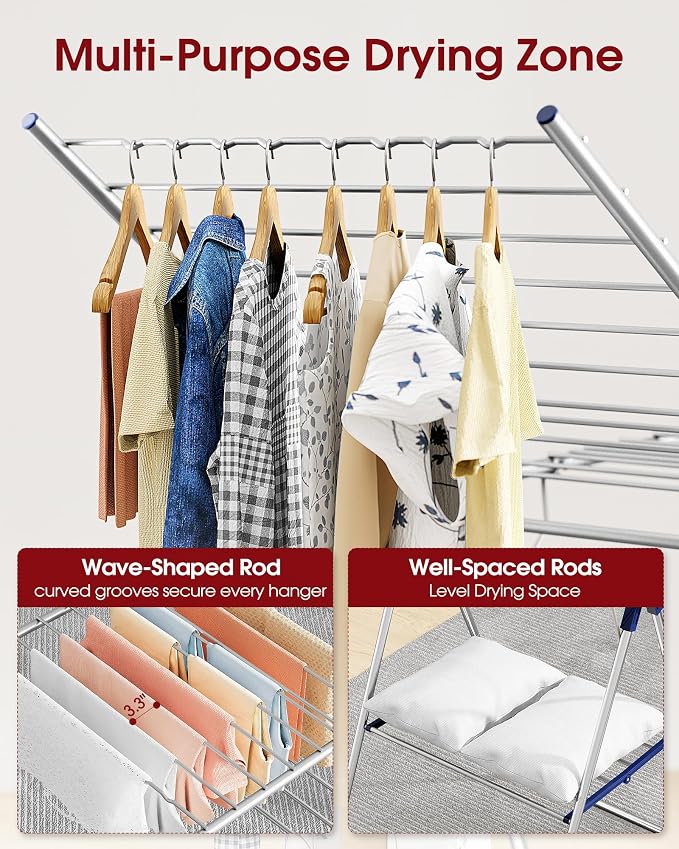 Sakugi Clothes Drying Rack with Height-Adjustable Wings, Metal Foldable Laundry Dryer Stand for Clothing & Bedding, Free-Standing Collapsible for Indoor & Outdoor Use, 55.5" L × 22.8" W, Silver Blue