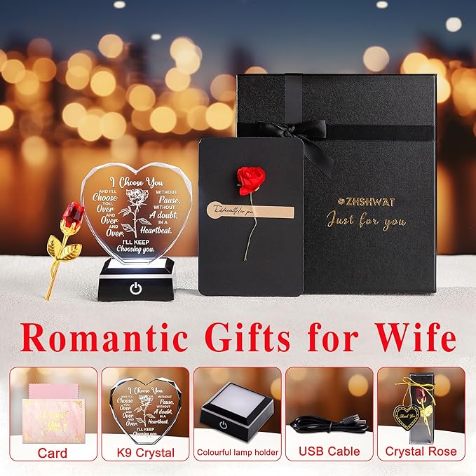 ZHSHWAT Crystal Multi Colour Night Light Gift for Her, Romantic Crystal Rose Ornament for Wife from Husband for Anniversary, Birthday Gift Ideas