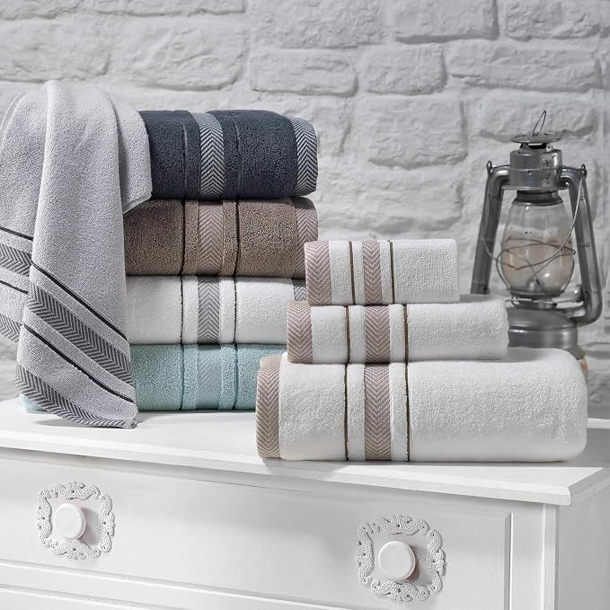 Bath Towels Set for Bathroom – Luxury 6-Piece Cotton Towels, Soft Absorbent & Quick Dry, 600 GSM Bath Towels for Bathroom, Hotel Spa Quality (White/Grey, 6- Bath Towel Set)