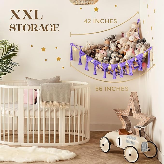 TIDYTEDS Macrame DreamLights Boho Stuffed Animal Storage Net Hammock Extra Large Plush Toy Storage Holder For Small Or Large Plushies PURPLE (Purple)