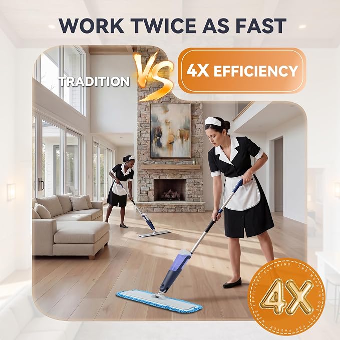 24" Dry mops for Floor Cleaning, Microfiber mop Spray System, Commercial Heavy-Duty Wet mops with 28oz Big Tank, 2 Washable Pads (Commercial Blue, 24inch-2Pack)