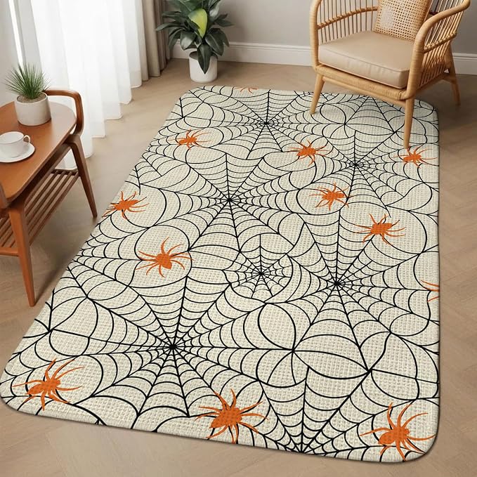 Halloween Washable Area Rugs for Living Room Bedroom, Large Non Slip Indoor Floor Carpet Absorbent Black Net Classic Spiders Gingham Orange Rustic Door Mat Rugs for Bathroom Entryway 63"x78.7"