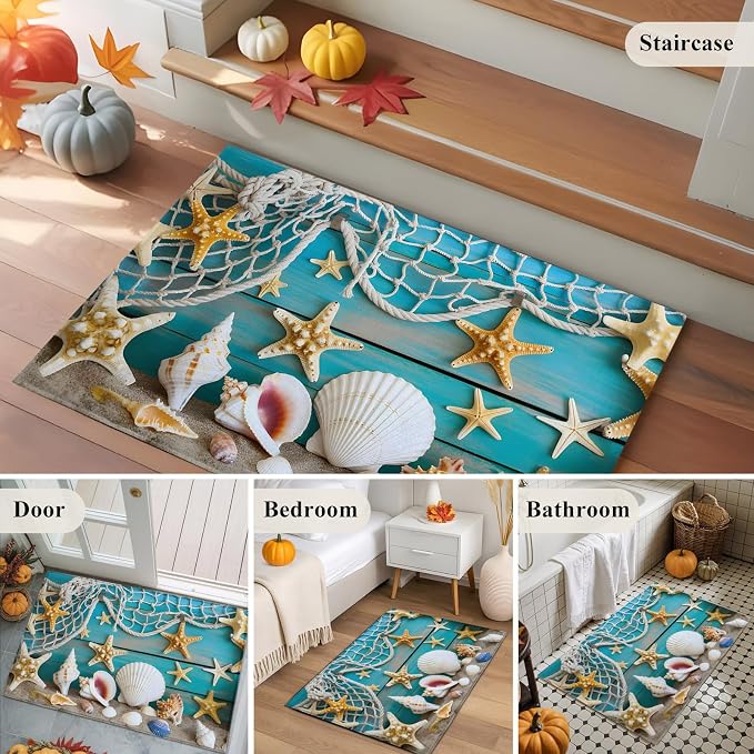 Entryway Rug 2 x 3 Ft, Beach Starfish Indoor Floor Mat for Hallway/Kitchen, Ocean Conch Fishing Net Blue Wood Grain Non Slip Low Pile Bathroom Rugs for Office/Living Room/Home Decor, Small