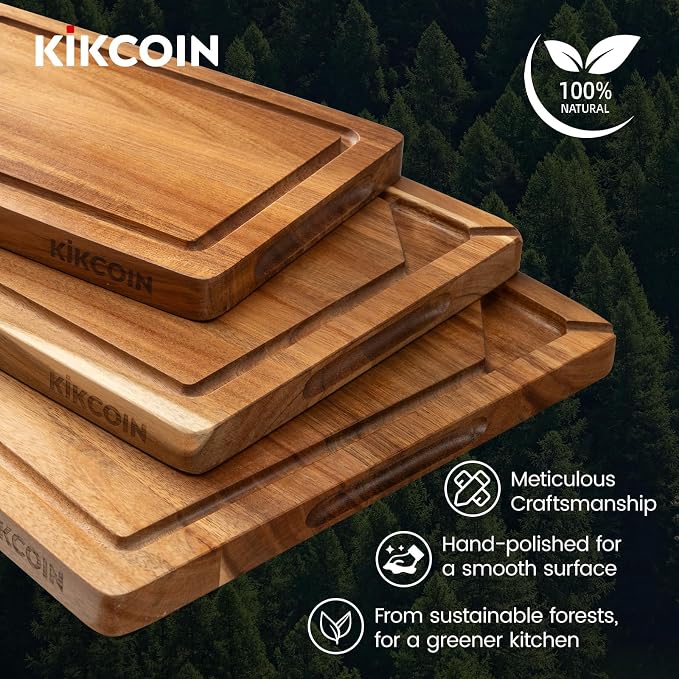 Kikcoin Acacia Wood Cutting Board Set of 3, Wooden Cutting Boards for Kitchen with Deep Juice Grooves, Butcher Block Wooden Chopping Board for Meat, Large Solid Charcuterie Boards Serving Tray