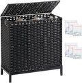 SETVSON Laundry Hamper with Lid, 35 Gal 3-Bag Clothes Sorter, Black | Large Family Laundry Trunk with Lid, 3 Compartment Sorting Liner, 6 Wash Bags, Elevated PE Rattan Bin with Handles