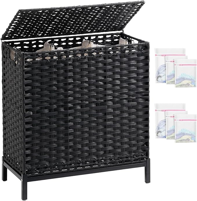 SETVSON Laundry Hamper with Lid, 35 Gal 3-Bag Clothes Sorter, Black | Large Family Laundry Trunk with Lid, 3 Compartment Sorting Liner, 6 Wash Bags, Elevated PE Rattan Bin with Handles