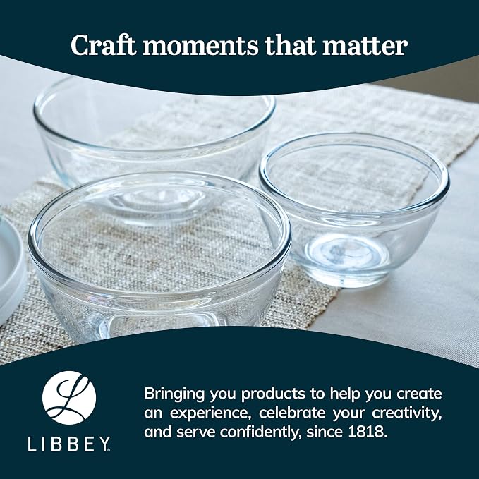 Libbey Baker's Basics 3-Piece Glass Mixing Bowls Set - Clear Bowls for Baking, Prep, Serving & Storage - Microwave, Oven, Freezer and Dishwasher Safe