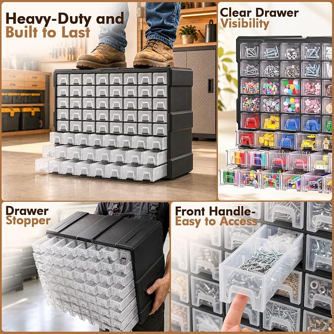 64-Drawer Organizer for Garage Building Bricks Storage,𝐓𝐡𝐢𝐜𝐤𝐞𝐫 Drawer Storage Cabinet with Dividers and Labels for Hardware,Screws,Nuts Bolts, Garage Tools,Charms,Beads,Craft,Scrapbook