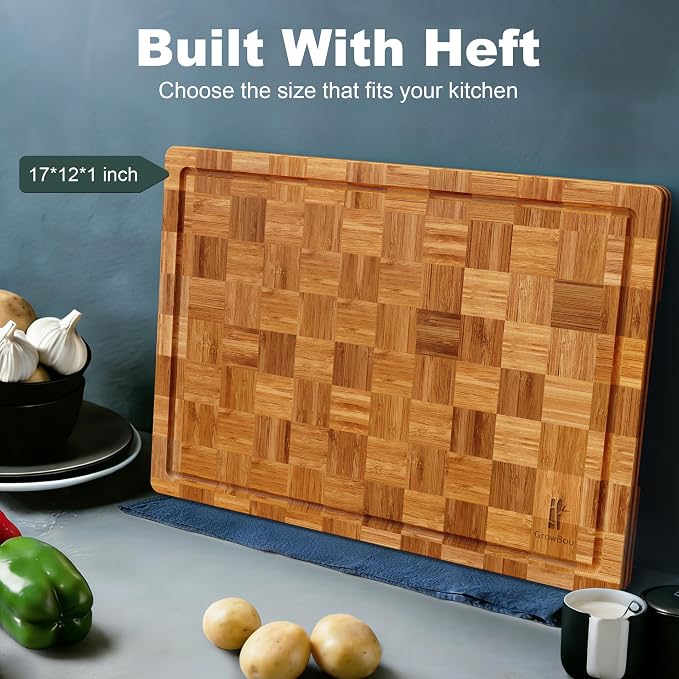 Extra Large Bamboo Cutting Board with Juice Grooves & Non-Slip Feet – Wood Chopping Board for Meat, Vegetables, Fruits & More, Non-Toxic & Durable, Ideal Housewarming Gift