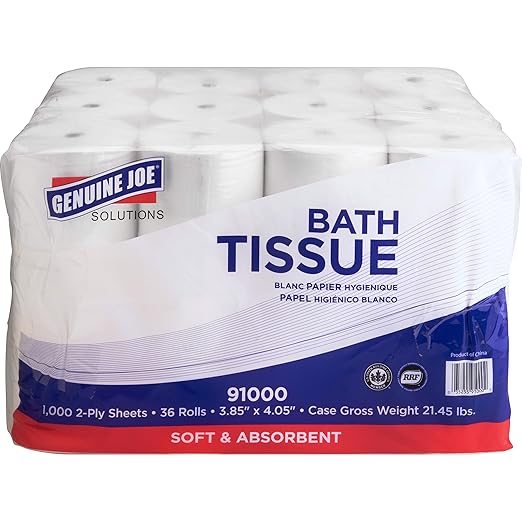 Genuine Joe Bath Tissue, 3.85" x 4.05", 2-Ply, 1000 Sheets/Roll, 36 Count