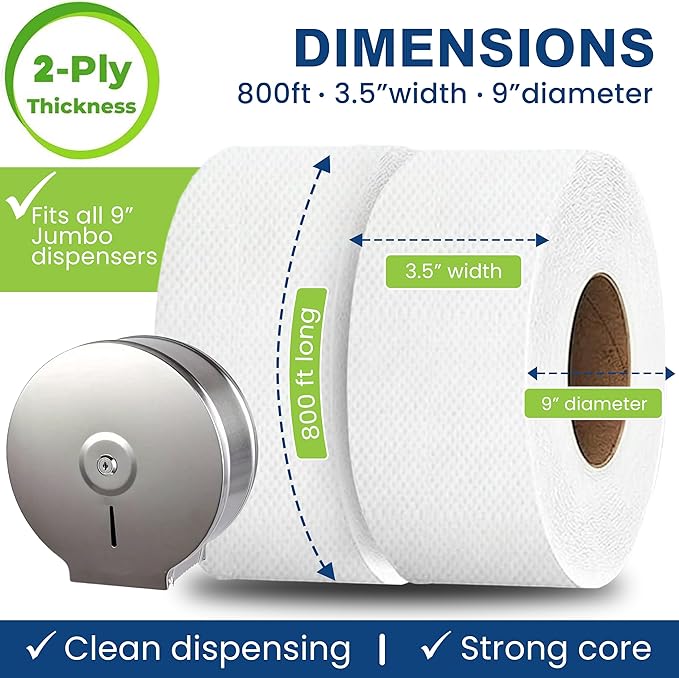 Commercial toilet paper - Jumbo toilet paper rolls -4,800 FT Industrial 2-Ply 9” Bulk Large Roll for Standard Jumbo Dispenser -100% Recycled Fibers-Soft and Absorbent Bathroom Tissue -6 Roll Case Pack