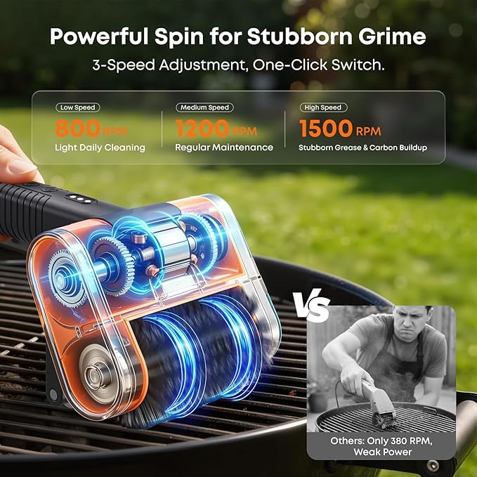 Electric Grill Brush - 1500RPM 3 Speeds, Cordless BBQ Cleaner with LED Light, 4000mAh Rechargeable BBQ Grill Brush for Outdoor Stainless Steel Cast Iron Grates