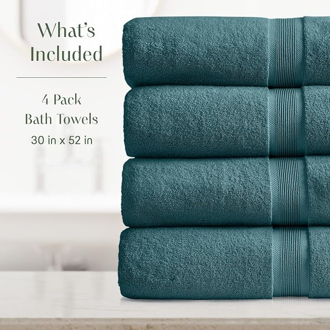 Springtree Home Luxury Bamboo Rayon Plush Bath Towel Set | 4-Pack | Teal | 35% Bamboo Rayon - 65% Zero Twist Cotton | Absorbent Quick-Dry Towels for Bathroom | Ultra Soft | OEKO-TEX Standard 100