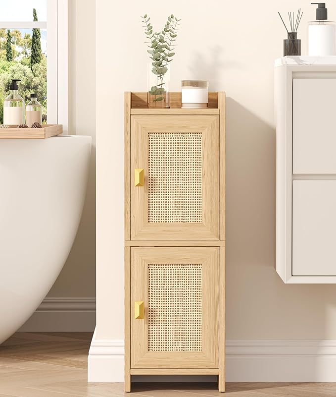 Akxomel Rattan Small Bathroom Cabinet Narrow Toilet Paper Organizer Oak | 7.9''D x 9.8''W Bathroom Organizer and Storage Cabinet for Small Space, Slim Corner Unit with Adjustable Shelf