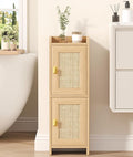 Akxomel Rattan Small Bathroom Cabinet Narrow Toilet Paper Organizer Oak | 7.9''D x 9.8''W Bathroom Organizer and Storage Cabinet for Small Space, Slim Corner Unit with Adjustable Shelf